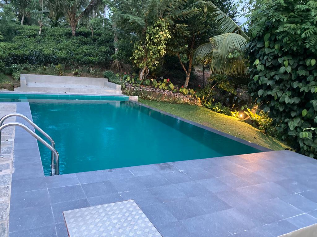 Turquoise private pool bordered by tropical greenery